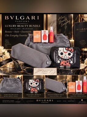 Bulgari Gray Cosmetic Pouch Trio with Hello Kitty Accent